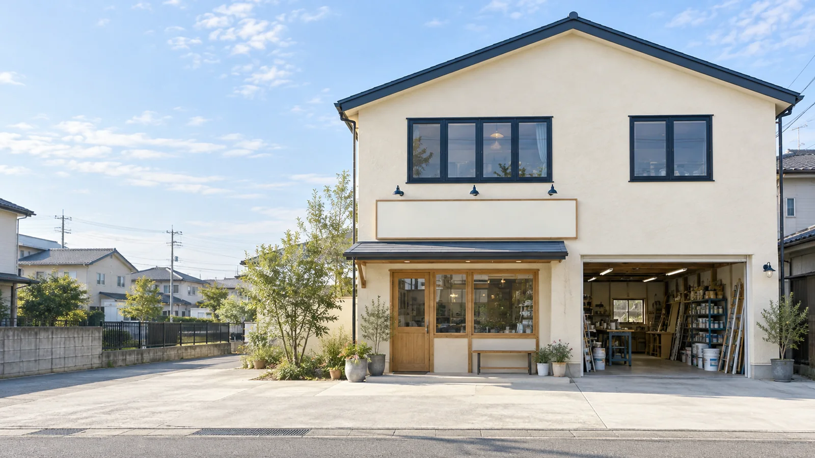 明るい木の入口と植栽が並ぶ架空の塗装店
