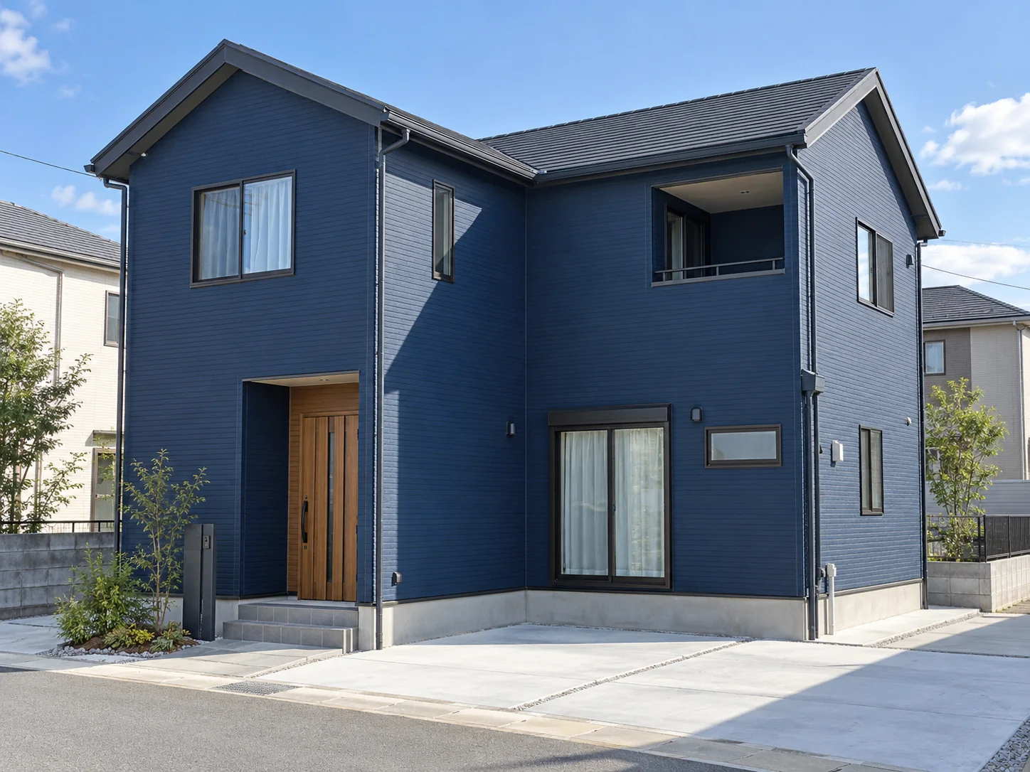 落ち着いたネイビーの住宅。生成した施工イメージ