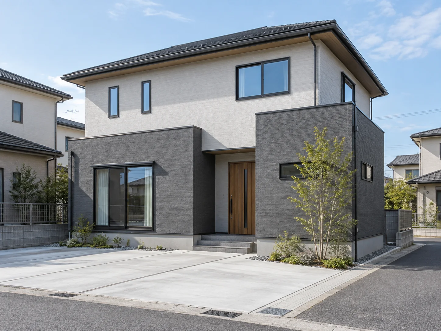 穏やかなライトグレーの住宅。生成した施工イメージ